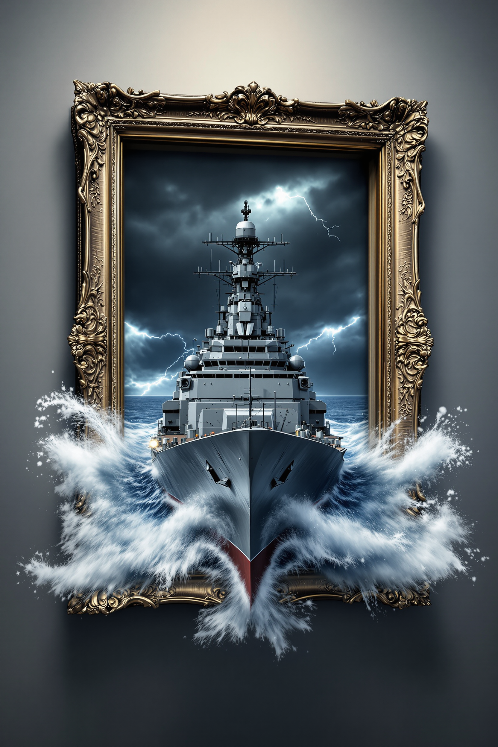 A highly realistic 3D depiction of a massive, steel-gray warship bursting out of an ornate, rugged picture frame. The ship is shown in dramatic motion, with its bow slicing through imaginary waves as it extends outside the frame, creating a striking sense of power and depth. The deck is detailed with visible weaponry, radar systems, and communication towers, while a plume of smoke rises from its smokestack. The background inside the frame depicts a stormy sea under a darkened sky, with flashes of lightning in the distance, contrasting with the solid surface of the wall where the frame is mounted. Water and mist appear to spill out of the frame, intensifying the surreal effect. The scene is lit by a combination of natural and artificial light, emphasizing the ship's metallic surfaces and the dramatic atmosphere