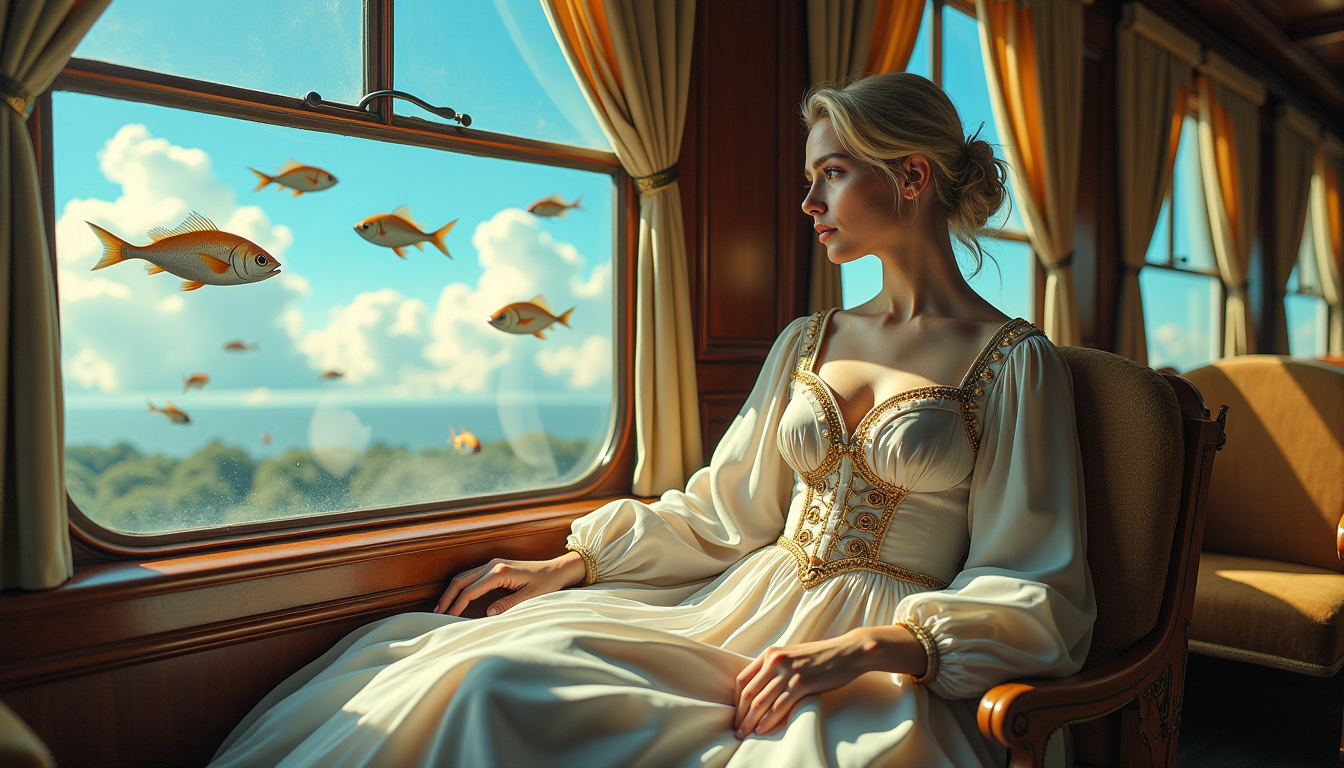 This photo high detail image features a woman in  surreal and dreamlike quality, with several visual elements that contribute to its fantastical atmosphere1. The Setting The scene takes place inside what appears to be a luxurious, old fashioned train carriage. The carriage has large, arched windows that frame the view of the outside world.2. The Window View Through the windows, we see a sky that is a gradient of blue, transitioning from a light, almost ethereal blue at the top to a deeper, more vibrant blue at the bottom. Floating in the sky are numerous fish, of various sizes and colors, which adds a sense of whimsy and fantasy to the scene.3. The Fish The fish are rendered in a lifelike manner, with detailed scales and fins, and they are depicted in mid flight, which is an unusual and imaginative element.4. The Train Interior The interior of the train carriage is richly detailed, with ornate wood paneling and metal fixtures that give it a sense of antiquity and elegance. The seats are upholstered in a fabric that has a golden sheen, and the armrests are adorned with intricate golden patterns.5. The Lady The focal point of the image is a woman dressed in a flowing, elegant gown with long sleeves and a fitted bodice. The dress is adorned with golden embellishments and beading, and the fabric drapes gracefully around her figure. Her blonde  hair is styled in an updo with loose tendrils framing her face, and she has a contemplative expression.6. Lighting The lighting in the scene is soft and warm, with a golden hue that filters through the windows and highlights the textures and details of the scene. The light creates a play of shadows and highlights that give depth to the image.7. Color Palette The color palette is rich and varied, with a predominance of blues, golds, and earthy tones that create a harmonious and visually pleasing contrast.8. Composition The composition of the image is balanced, with the woman positioned centrally and the train carriage and fish providing a sense of depth and context. The perspective is slightly skewed, with the windows and the curvature of the train carriage adding to the dreamlike quality.9. Atmosphere Overall, the image has a dreamy and otherworldly atmosphere, inviting the viewer to step into a fantastical world where the ordinary is turned upside down.10. Textures The textures in the image are varied, from the smooth, reflective surfaces of the train carriage to the roughness of the womans dress and the scales of the fish, each contributing to the tactile sensation of the scene.These elements come together to create a visually striking and thought provoking image that blurs the lines between reality and fantasy.