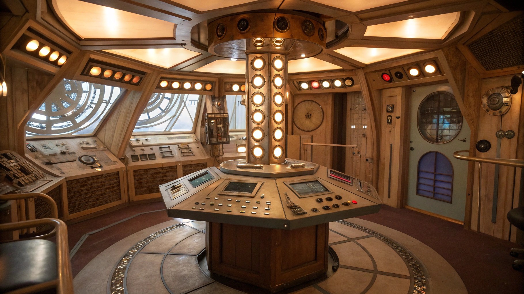 An **intricate interior** of the TARDIS from *Doctor Who*, with a **timeless, retro-futuristic aesthetic** reminiscent of the 1960s design with modern technological elements. The **lighting** should be **soft**, casting **warm, ambient glows** from various control panels, dials, and screens. **Textures** include **brushed metal** for the central console, **soft, worn leather** for the seats, and **vintage wood** for the walls, giving a **lived-in, yet otherworldly feel**. - **Visual Details**: - **The central console** is a maze of **antique controls**, **steampunk levers**, and **futuristic screens**, all interconnected with **copper wiring** and **glowing tubes**. - **The roundels** on the walls emit a **gentle blue light**, suggesting a **mystical energy source**. - **Books, gadgets, and alien artifacts** are scattered around, indicating the Doctor's travels through time and space. - **Composition**: - **Doctor Who** stands slightly to the left, near the console, **facing the viewer** with a **welcoming, excited expression**, hands outstretched as if inviting us into adventure. - **Camera Angle**: A **low angle** shot from inside the TARDIS looking up towards the Doctor, emphasizing his **commanding yet approachable presence**. - **Framing**: The **TARDIS interior** fills the frame, with the door ajar behind the Doctor, hinting at the **exterior London street scene**. - **Mood and Atmosphere**: - **The atmosphere** is **intimate and mysterious**, with a **sense of endless possibilities** and **adventure**. - **Time of Day**: Indeterminate, but the **lighting suggests early evening or dusk**, blending reality with the TARDIS's otherworldly environment. - **Technical Aspects**: - **Artistic Style**: Blend of **retro-futurism**, **Victorian steampunk**, and **modern sci-fi aesthetics**. - **Photography Technique**: Use **shallow depth of field** to focus on the Doctor while the intricate background details blur slightly, creating a **dreamlike quality**. - **Color Palette**: **Muted blues, coppers, and soft whites** with **vibrant accents** from the controls and screens. Matt Smith as the Doctor.