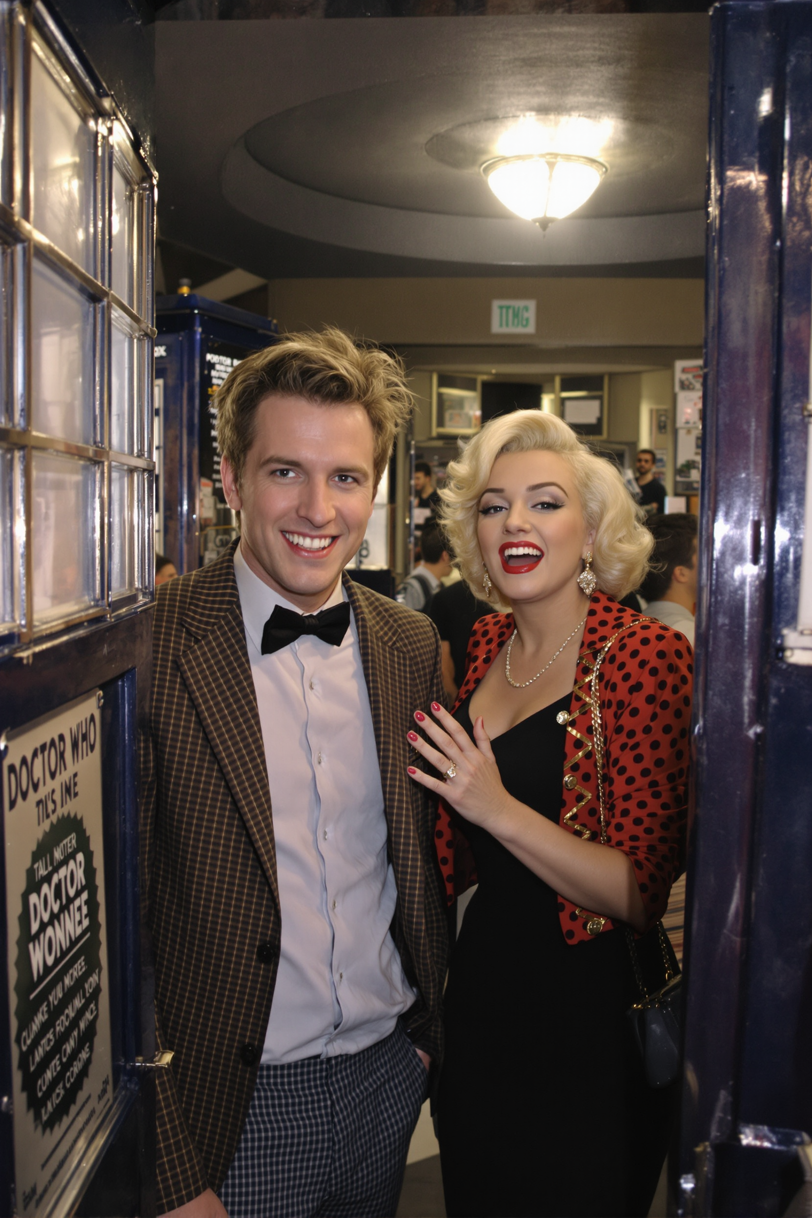a photo of Marilyn Monroe, Doctor Who "Matt Smith" and Marilyn Monroe are inside the Tardis.