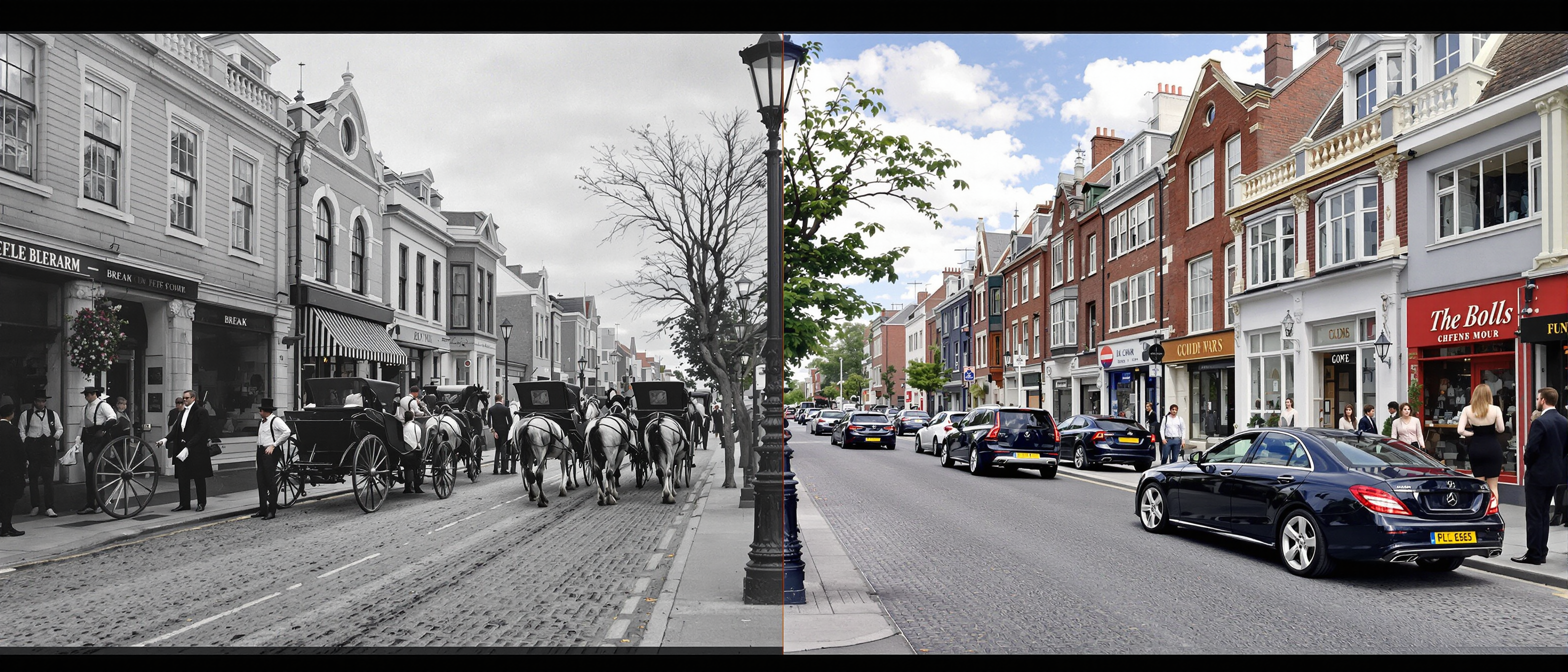 Photorealistic, (Split-Screen), BREAK on the left side view of a street in the early 19th century, black and white, horse-drawn carriages, people in historic clothes, old shops, BREAK right-side, the same street view in modern times in the year 2025, same view angle, colorful, modern cars, modern shops, elegant dressed people
