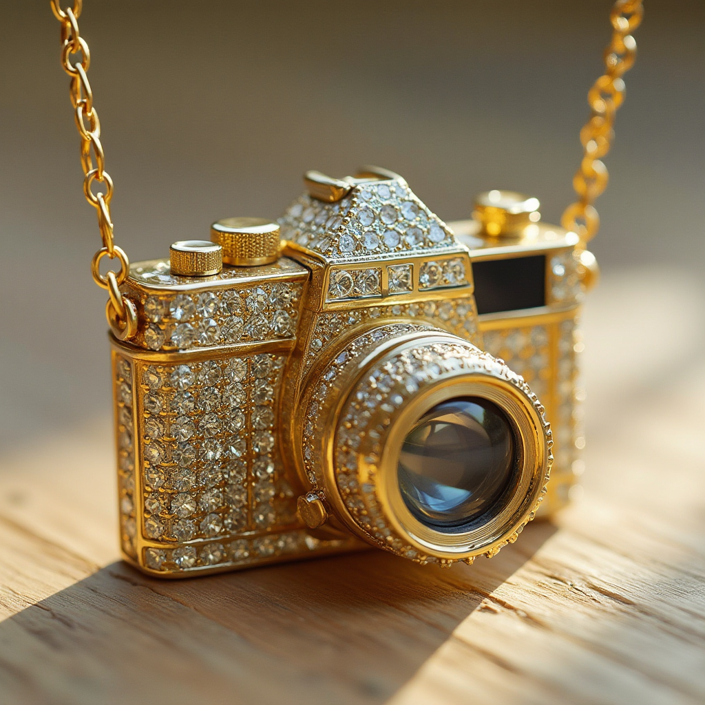 A gold pendant in the shape of a camera studded with diamonds 