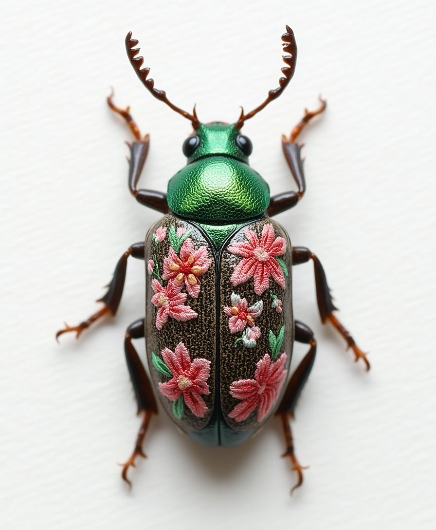top view，a small beetle is on the desk，3/4 shot，The beetle has an embroidered pattern of small flowers on its back，pink，green，white background，clean background，large area blank 