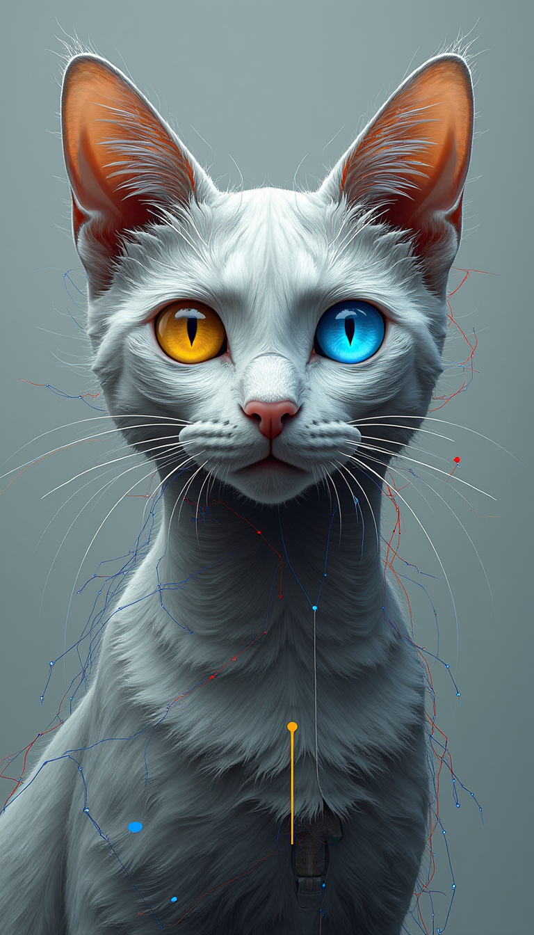 Fractal cat looking straight to camera, phenotype futuristic man with lines design on his body, add a spiritual touch, with a grey background, she has her left eye in yellow color and the right eye in blue color