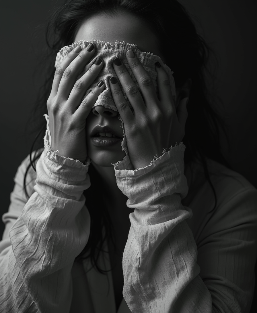 A horror scene close up of a woman with cloth over her eyes, dark background , black and white , ultra realistic texture, cinematic lighting, 