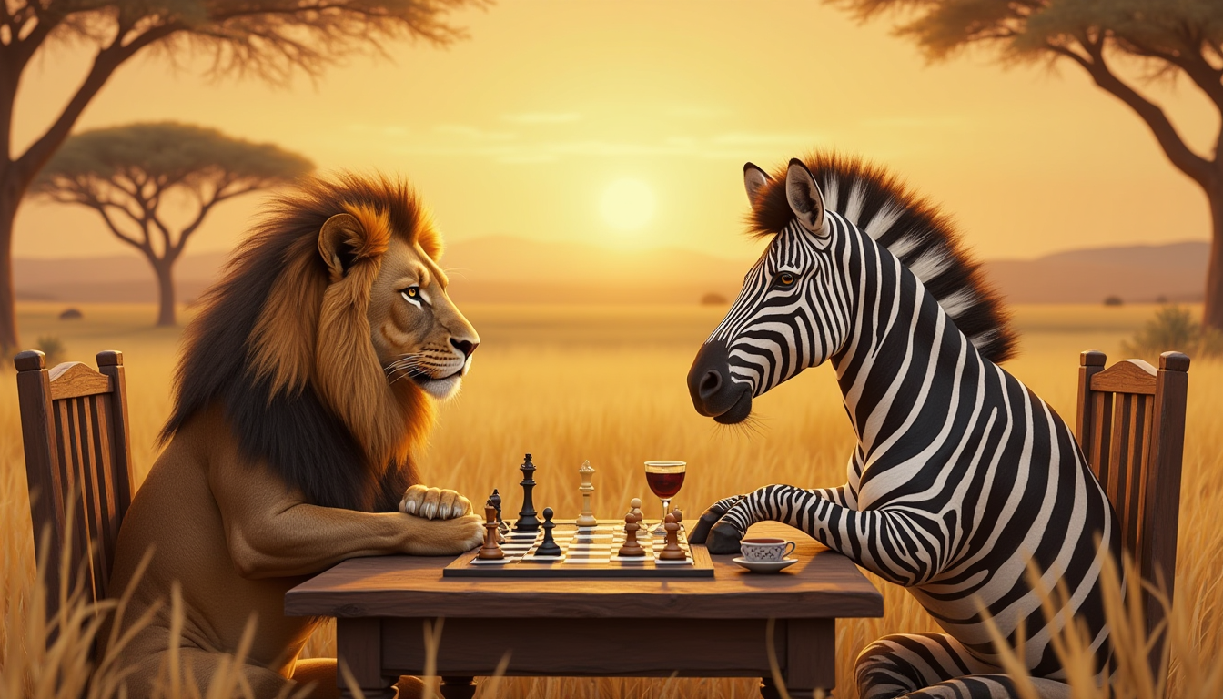 A majestic and whimsical scene of a lion and a zebra sitting at a sturdy wooden table in the middle of a serene savanna, playing a game of chess. The lion exudes calm confidence as it carefully plans its next move, while the zebra appears thoughtful and deeply focused. The chessboard features intricate, detailed pieces, with the backdrop of golden grasslands, acacia trees, and a warm sunset sky. The atmosphere is playful yet regal, with subtle details like a cup of tea for the zebra and a goblet for the lion, adding personality and charm. Hyper-realistic, vibrant colors, and expressive characters