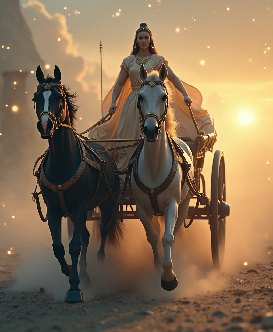 A majestic chariot seen from the front, guided by two powerful horses--one black and one white--moving in harmony. The charioteer, dressed in flowing robes with golden accents, holds the reins firmly, exuding confidence and control. The background features a dreamy sunrise with soft, warm lighting and hints of celestial energy, blending ancient mysticism with natural beauty. The horses are adorned with intricate harnesses, symbolizing balance and determination. 
