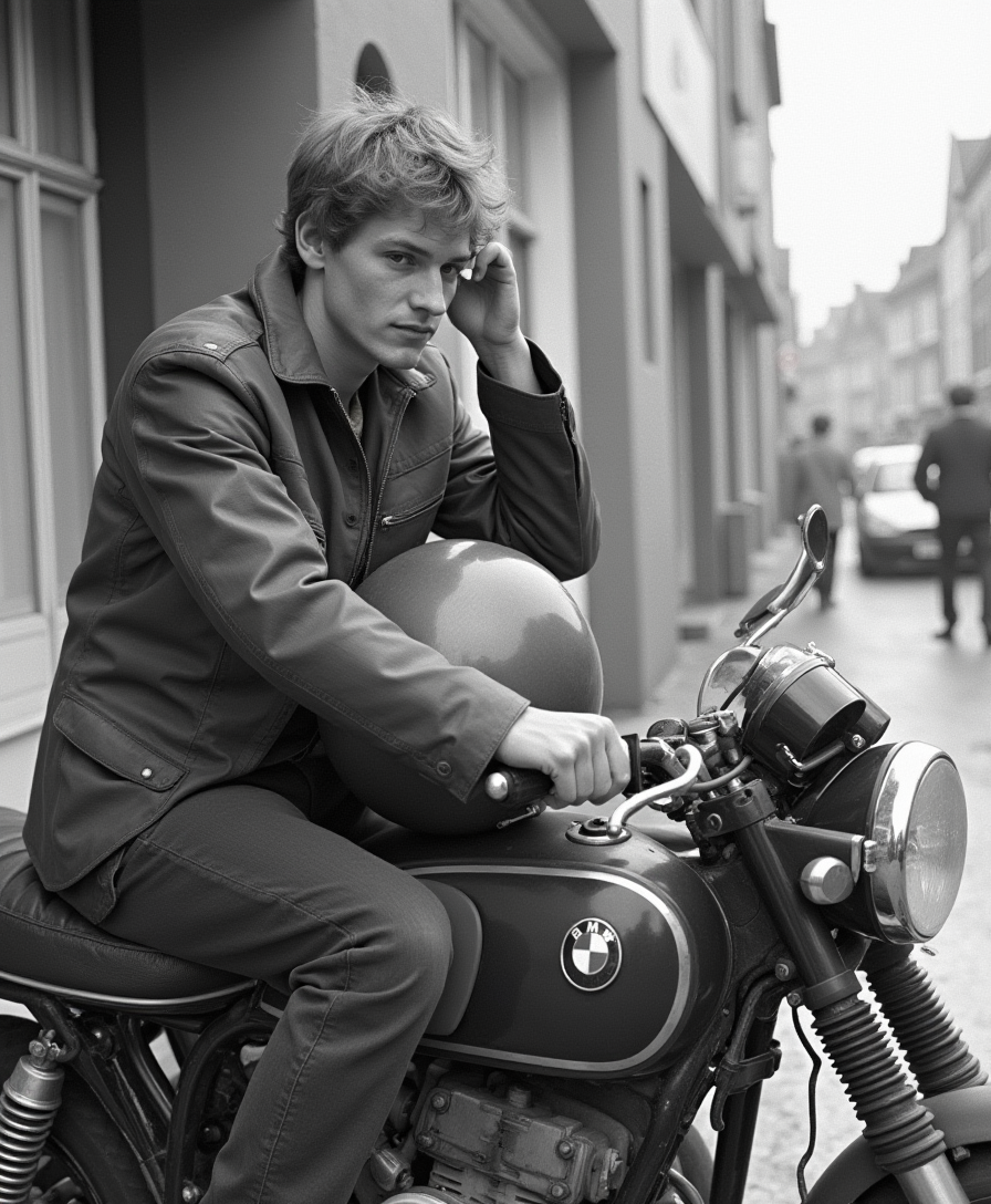 young man takes of helmet while sitting on his parked 1980s bmw motorcycle in Knokke 1980s kodak shot 