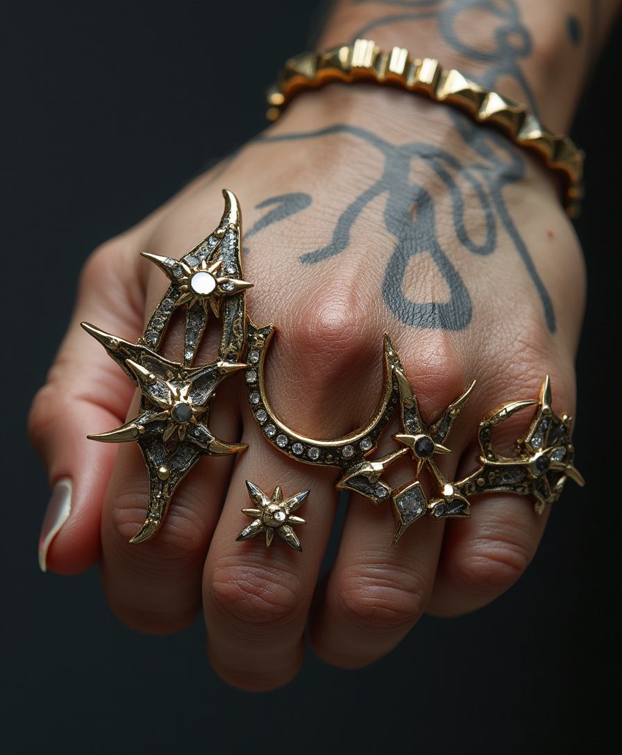 a well manicured hand wearing brass knuckles encrusted with diamonds, thorns, and teeth 
