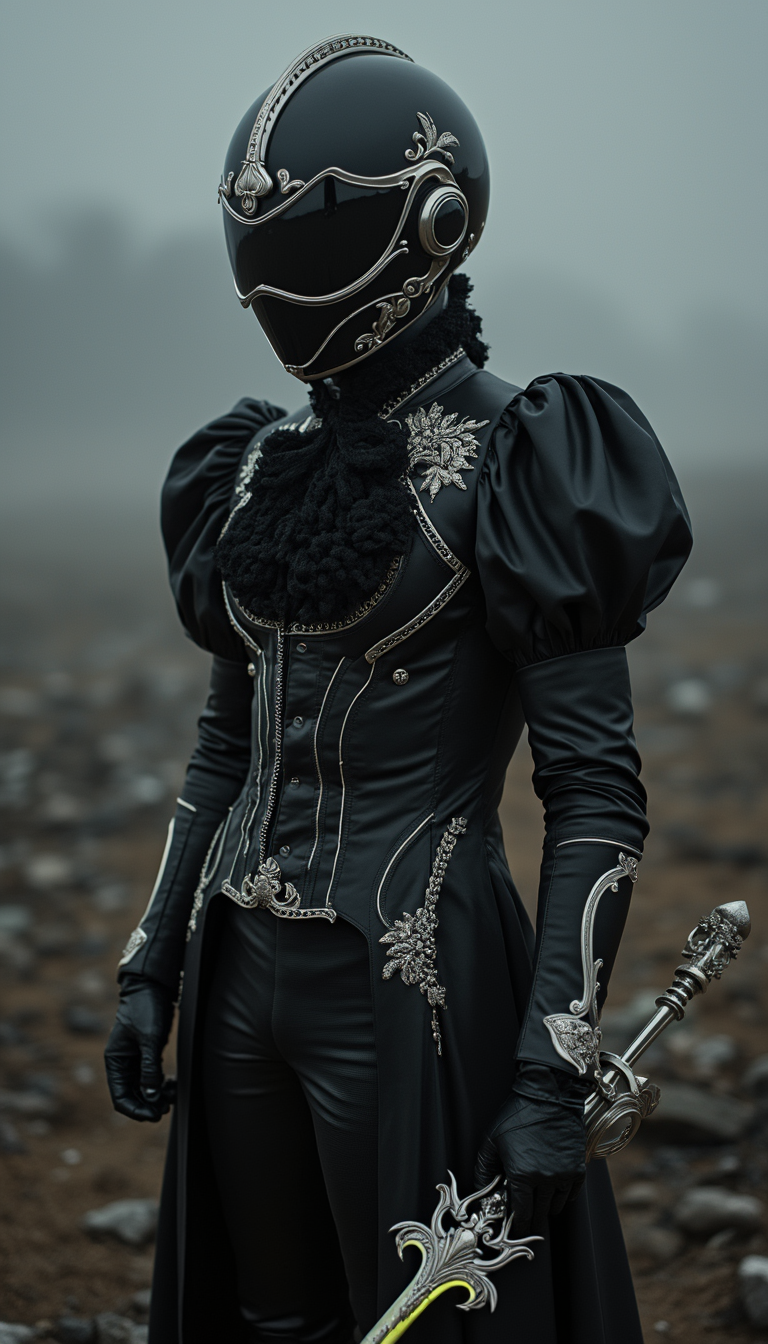 Sentai hero in a sleek black Sentai suit fused with elegant Victorian fashion, wearing a high-neck lace collar, puffed sleeves, and a tailored coat with intricate silver embroidery, the iconic helmet redesigned with a reflective black visor and subtle metallic filigree, wielding a glowing energy rapier with ornate Victorian details, standing confidently on a foggy battlefield at dusk, the ground littered with remnants of a past conflict, detailed textures on the armor and fabric, professional lighting highlighting the black and silver tones, fashion photography style, poised and commanding stance,