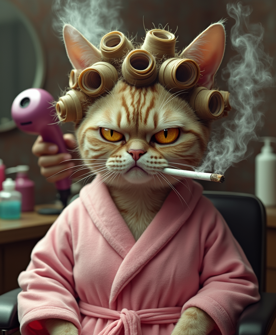 A photo of an angry cat in a pink bathrobe, with lots of curlers on her head, who is sitting in a hairdressing chair in a beauty salon and smoking a cigarette with a displeased expression on her face. Brad Pete stands next to her and dries her with a hair dryer