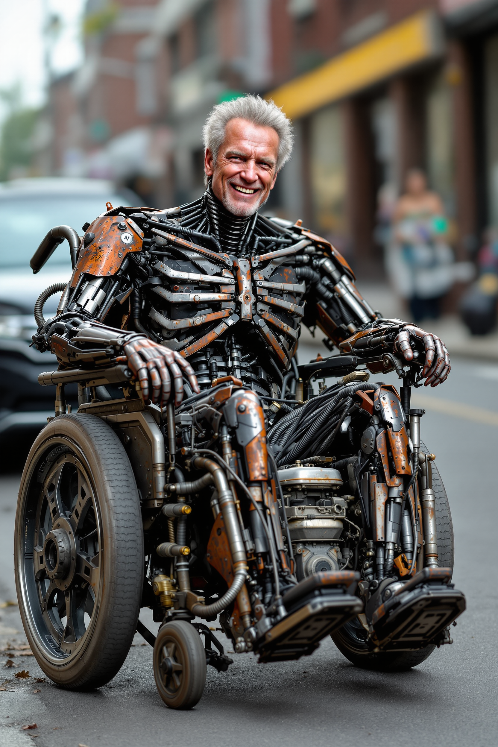 create image of a metal, rusted, very old grey hair, extremely old Arnold Schwarzenegger terminator T-2, smiling at camera , body is metal in a wheelchair, with an engine, going down the street 