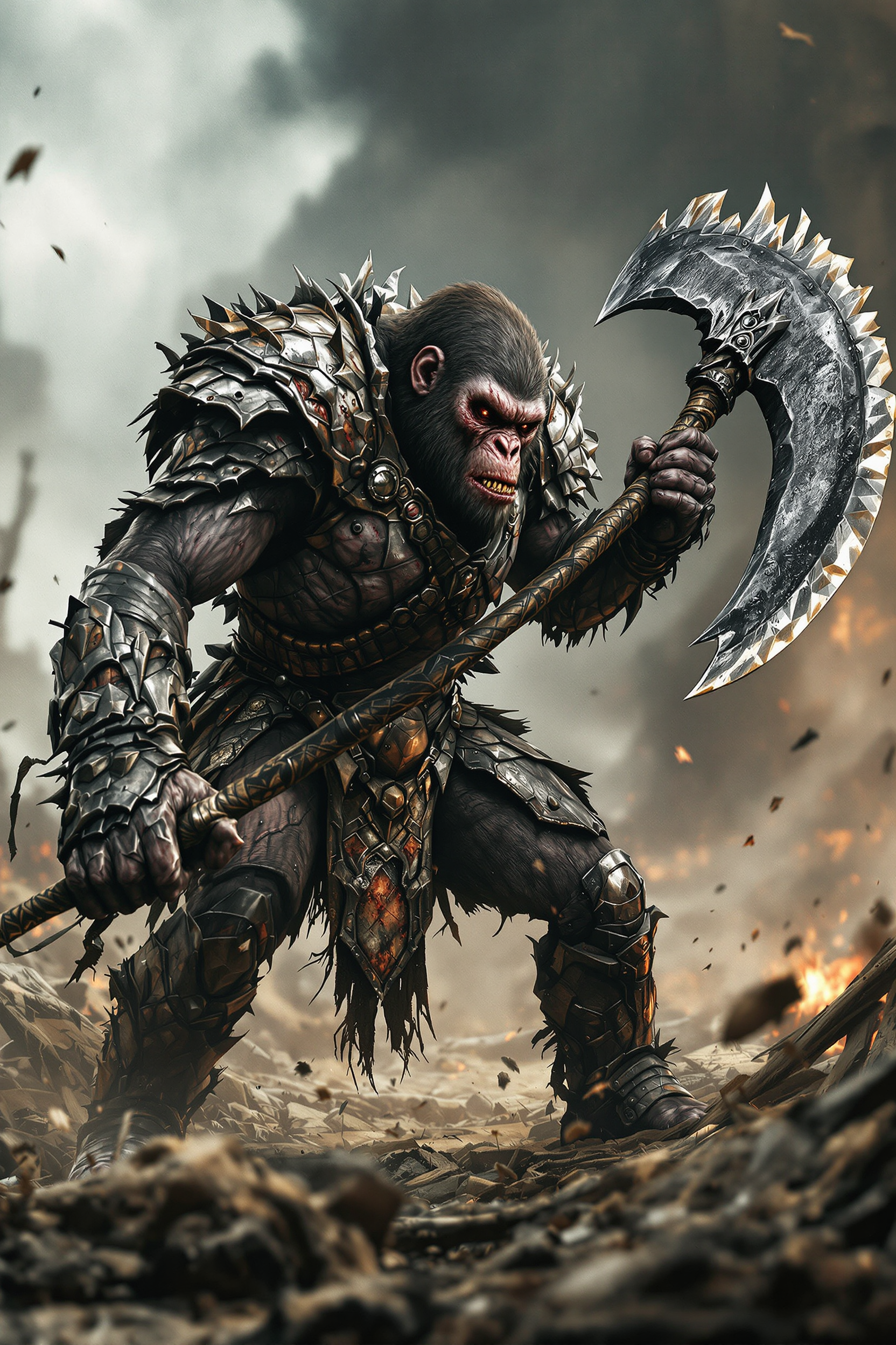 
Hyper-realistic matte painting set in the Planet of the Apes universe, low angle: A menacing, wounded gorilla warrior with a very imposing presence, clad in heavy, intricate armor that looks ancient and worn, swings a massive, intimidating axe with a jagged, brutal design, rampaging in dynamic combative scene amidst a devastated, war-torn battlefield. Dynamic angle, cinematic lighting, intricate details, mix of blur effect and sharp focus.


