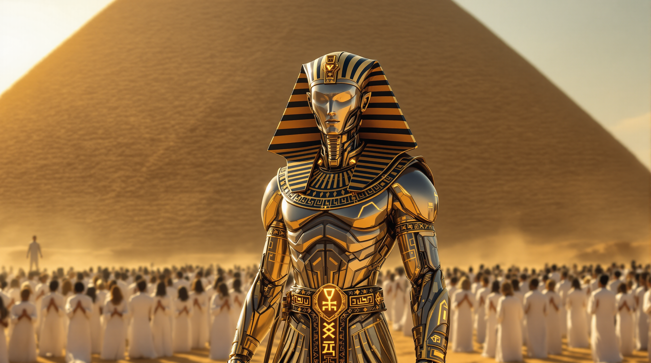 Create a highly detailed and photorealistic image of a futuristic Pharaoh standing confidently in front of a grand pyramid in a sunlit desert. The Pharaoh has a biomechanical appearance, with metallic silver skin and intricate, glowing gold patterns accentuating their musculature. They wear a traditional Egyptian headdress, blending gold and black stripes, and a decorative collar adorned with futuristic hieroglyphic designs. A regal sash and belt with glowing golden symbols complete their imposing look.

In the background, rows of worshippers dressed in simple white robes kneel in reverence, their hands clasped in prayer. The pyramid looms majestically behind them, with its surface catching the warm glow of the sun. Dust swirls gently in the air, adding to the atmospheric depth. The overall composition combines ancient Egyptian aesthetics with a futuristic twist, evoking themes of power, divinity, and advanced technology.--hq.