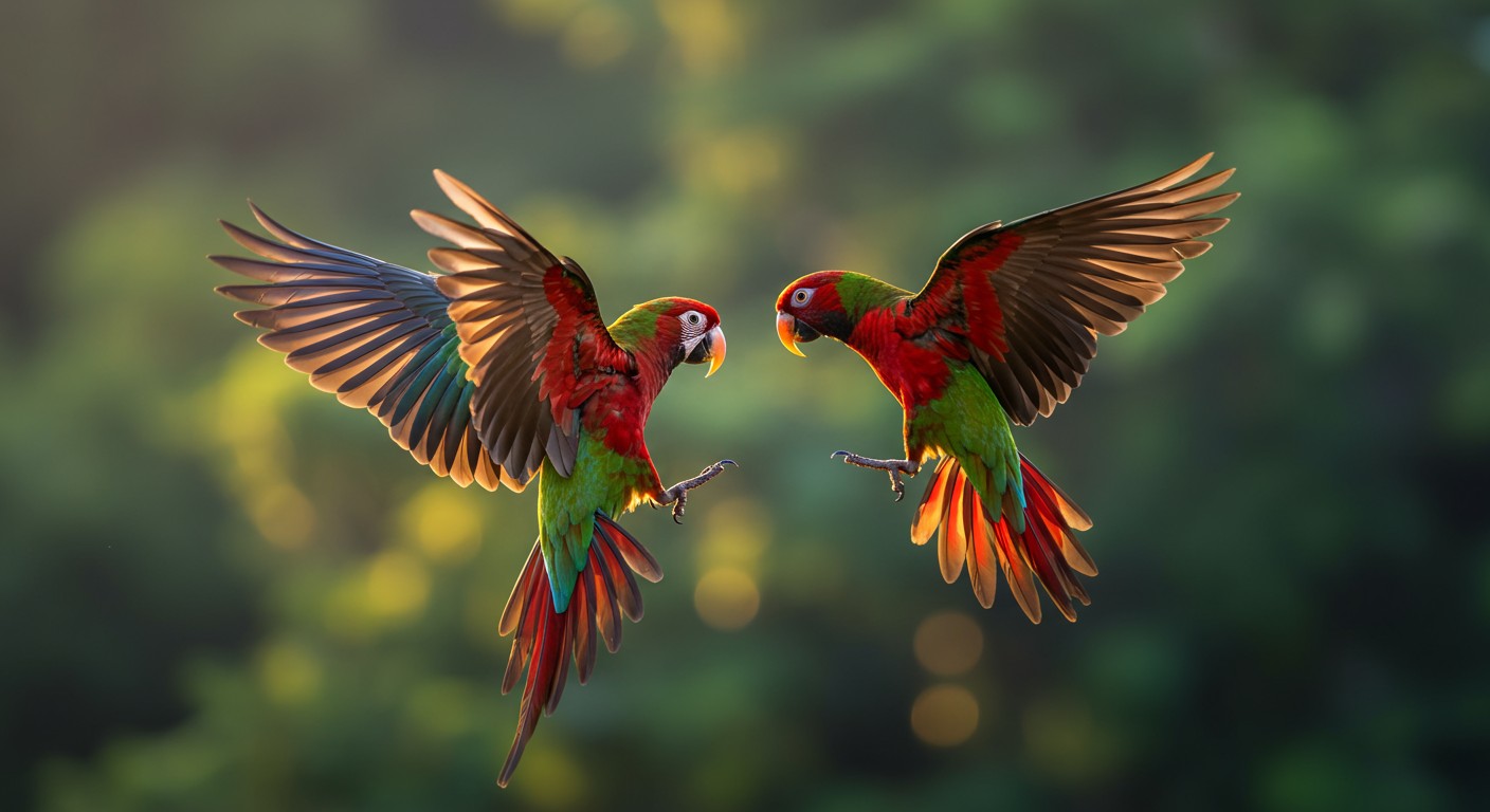 A dynamic wildlife photograph capturing two vividly colored parrots engaged in an aerial skirmish. Their feathers are ruffled, displaying a rich palette of greens, reds, and blues, with hints of sunlight reflecting off their wings. The style is reminiscent of high-speed nature photography, focusing on the intensity of the moment with a shallow depth of field to blur the lush, green jungle background. The composition is central, with the parrots framed against a backdrop of out-of-focus foliage, enhancing the sense of movement. The mood is one of high tension and natural drama, with the morning light casting long shadows and creating a vivid contrast. Technical aspects include a fast shutter speed to freeze the action, with an aperture setting for a narrow depth of field, emphasizing the parrots while the background remains soft and dreamlike.