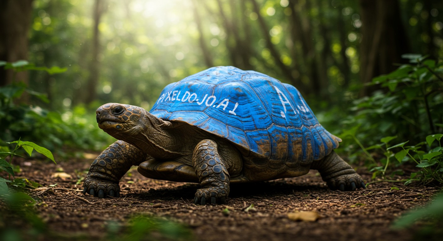 A wildlife photo of a bizarre giant turtle with blue paint on its shell that reads "PIXELDOJO.AI"