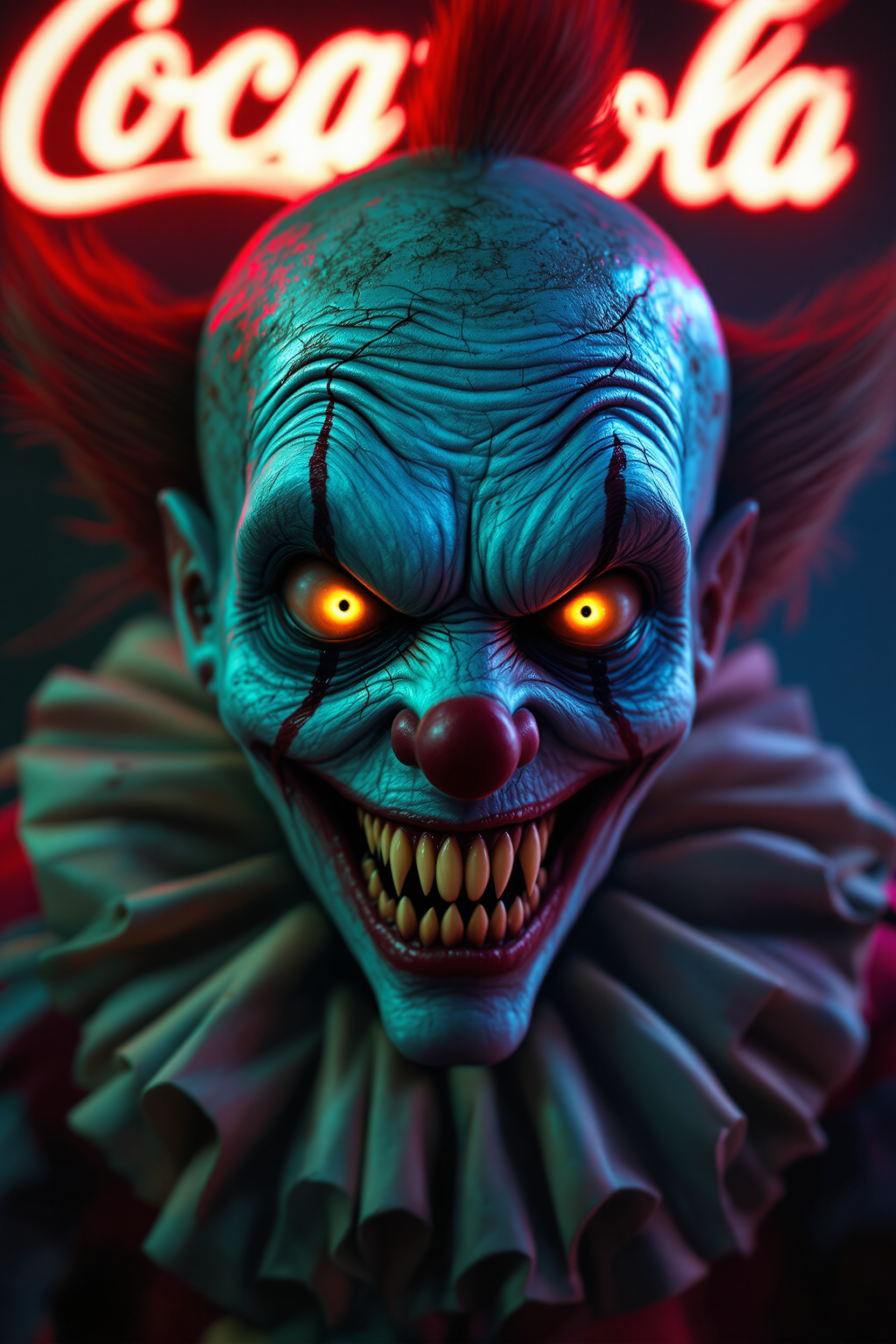 A hyper-realistic, ultra-detailed horror portrait of a terrifying clown with a grotesque, aged face, showing deep wrinkles, scars, and an uneven texture. The clown has bright, glowing yellow-orange eyes, a wide sinister grin with sharp yellow teeth, and a bright red nose. The background features an ultra-detailed neon 'Coca-Cola' sign in glowing red and white, adding a commercial contrast to the eerie and disturbing clown. The lighting creates intense shadows, emphasizing the clown's menacing expression and horrifying features. The scene is rendered with a slightly oily texture, vivid details, and stonated colors, creating a perfect balance between horror and surrealism.--hd 8k

