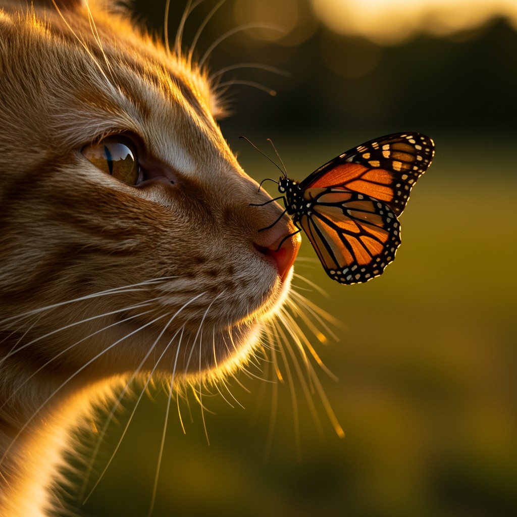 Color photograph Macro shot of a cat’s nose and whiskers with a butterfly on the cat’s nose outside golden hour