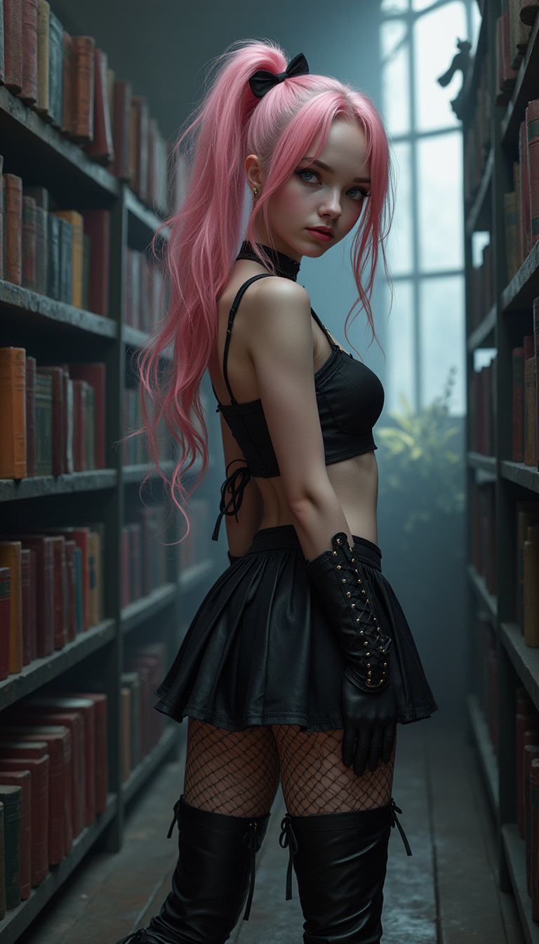 A photo of a goth girl in a spooky library The goth girl has a pudgy nose. She has Icy light blue eyes. She has plump prominent lips. She has a receding chin with cleft. The goth girl has shiny neon sherbet hair in a folded ponytail hairstyle. The goth girl has pink skin. She has a few skin imperfections randomly on her body. The goth girl is dressed in a goth mini skirt and wearing high heeled boots with fishnet stockings. She is wearing typical goth eye makeup and lipstick. She has no piercings.