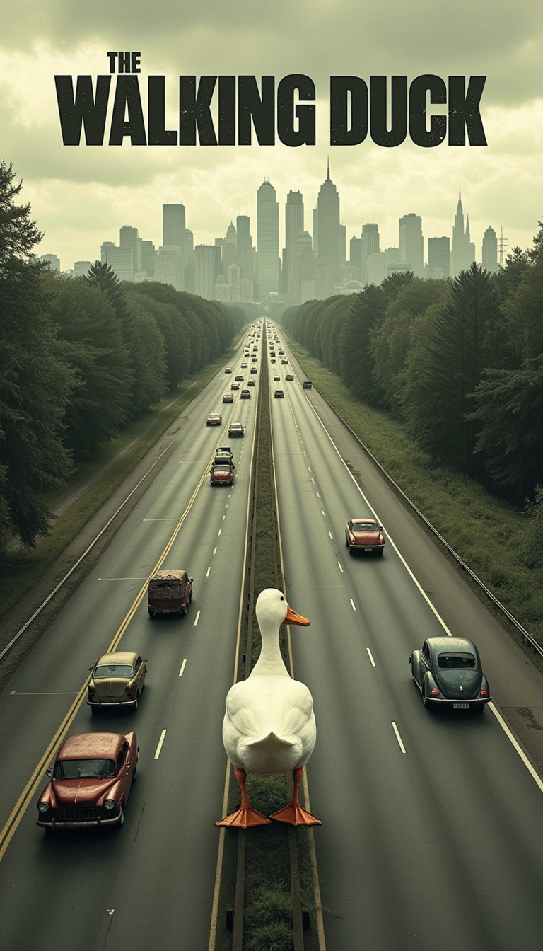An artwork inspired by the iconic cover art of AMC's The Walking Dead Season 1, reimagined with a whimsical twist. The scene is an aerial view of a desolate highway stretching toward a distant city skyline, where towering skyscrapers loom against a foreboding, cloudy sky. The left lane of the highway, leading away from the city, is packed with abandoned and decaying cars, their rusted frames and shattered windows telling stories of chaos and desertion. The right lane, leading into the city, is eerily empty except for a lone white duck walking confidently toward the city. The duck, slightly oversized but full of quiet determination, contrasts the vast emptiness of the road. Its soft white feathers and orange webbed feet stand out subtly against the muted, desaturated color palette dominated by grays, browns, and greens. A sepia filter bathes the entire image, giving it a vintage, dystopian feel. At the top of the composition, the title "The Walking Duck" is boldly written in the original clean, black font of the franchise, perfectly mirroring the aesthetic of the series. The overall tone of the image balances the eerie atmosphere of isolation with the unexpected whimsy of the duck, creating a striking and memorable visual.