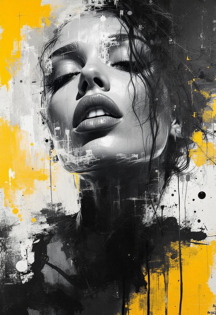 Perfect RAW Photo, expressive blend of seductive female figurative and abstract elements.
Thick textured brushstrokes and a monochromatic palette to create a dynamic and emotional piece. 
Expressive techniques to convey emotion and movement in their work.
Abstract Expressionism.
Figurative Art.
Graffiti Art.
Surrealism.
Unique and emotive piece.