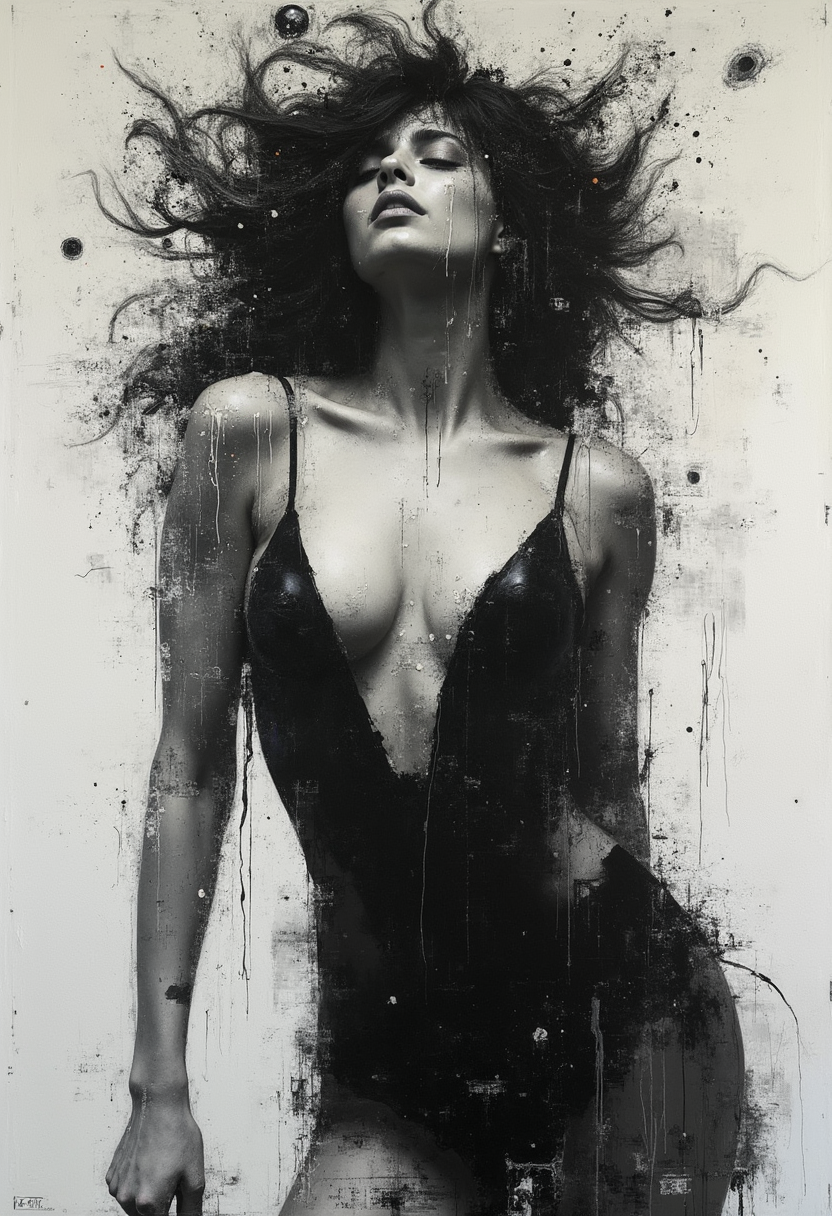 Perfect RAW Photo, expressive blend of seductive female figurative and abstract elements.
Thick textured brushstrokes and a monochromatic palette to create a dynamic and emotional piece. 
Expressive techniques to convey emotion and movement in their work.
Abstract Expressionism.
Figurative Art.
Graffiti Art.
Surrealism.
Unique and emotive piece.