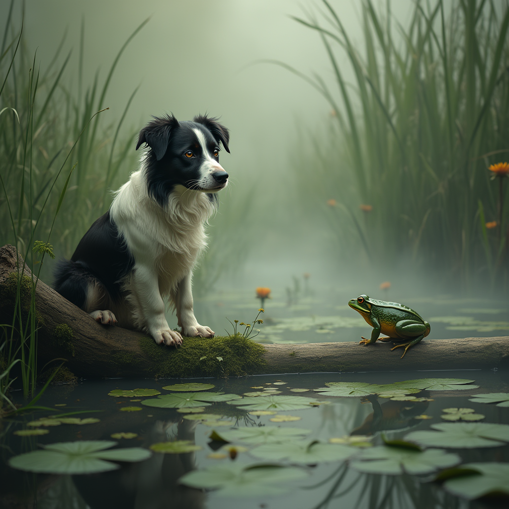 A highly detailed scene featuring a **Border Collie** perched gracefully on a **weathered, moss-covered log** in the midst of a **lush, misty bog**. The **dog** exudes a sense of curiosity, with its **eyes fixed on a small, vibrant green frog** sitting calmly on a nearby patch of **floating lily pads**. The **lighting** is soft and diffused, reminiscent of an **early morning mist**, casting a **subtle glow** on the scene, enhancing the **mystical atmosphere**. The **composition** is balanced with the dog in the foreground, the frog slightly to the side, and the bog's expansive, yet intimate landscape in the background. 

- **Style**: Capture this in the style of **romanticism**, with attention to the **intricate textures** of the bog's flora and the **reflective surface of the water**.
- **Mood and Atmosphere**: The scene is serene, with an **ethereal quality** created by the **fog** and the **gentle interplay of light and shadow**.
- **Technical Aspects**: Utilize **wide depth of field** to keep both the **dog** and **frog** in sharp focus, while the background subtly blurs to suggest depth. Employ **chiaroscuro** techniques to emphasize the contrast between light and dark areas, enhancing the **drama** and **mystique** of the setting.

This image should evoke a sense of **tranquility and wonder**, inviting the viewer into a **timeless moment** within nature's embrace.