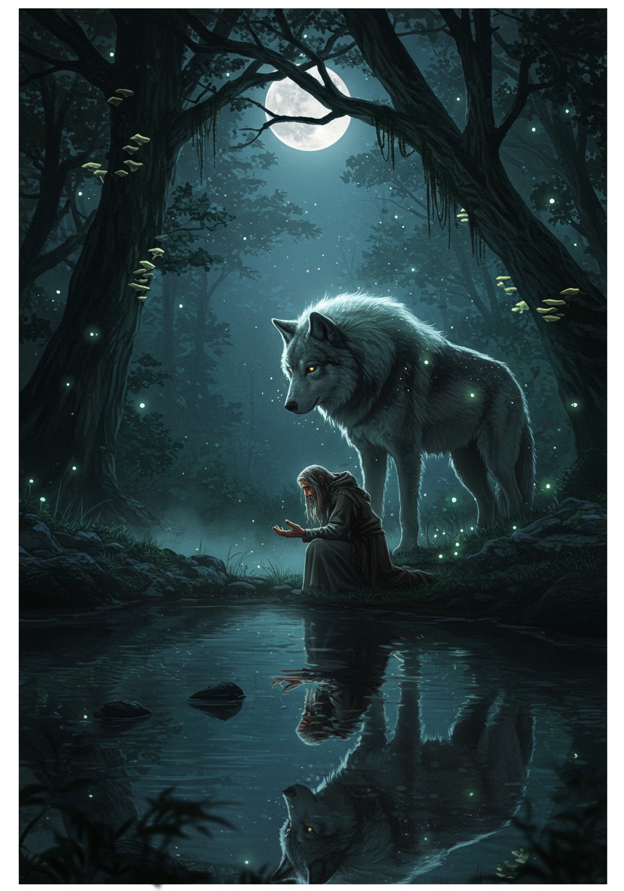 In a mystical forest bathed in the silvery glow of a full moon, a towering wolf stands sentinel at the edge of a glimmering lake, its fur a cascade of shadows and starlight, glistening with dew. The man, cloaked in tattered robes woven from the whispers of the wind, kneels beside the water’s edge, his weathered hands outstretched as if to commune with the ethereal presence before him. Twisted trees loom overhead, their gnarled branches adorned with luminous fungi, casting an otherworldly light that dances across the scene. 

The air is thick with the scent of damp earth and pine, while a soft mist rises from the lake, swirling around the pair in a caress of enchantment. The wolf, with eyes like molten gold, gazes down at the man, a bridge between worlds, embodying both feral majesty and ancient wisdom. The surface of the water reflects the star-studded sky and the figures of the man and wolf, creating a haunting symmetry that blurs the lines between reality and myth. 

The composition draws the eye from the imposing silhouette of the wolf to the fragile form of the man, highlighting the tension between strength and vulnerability, while the perspective invites the viewer to lean closer, as if to hear the whispered secrets of the night. Shadows deepen and the moonlight weaves a tapestry of light and dark, enveloping the scene in a cocoon of magic and mystery.