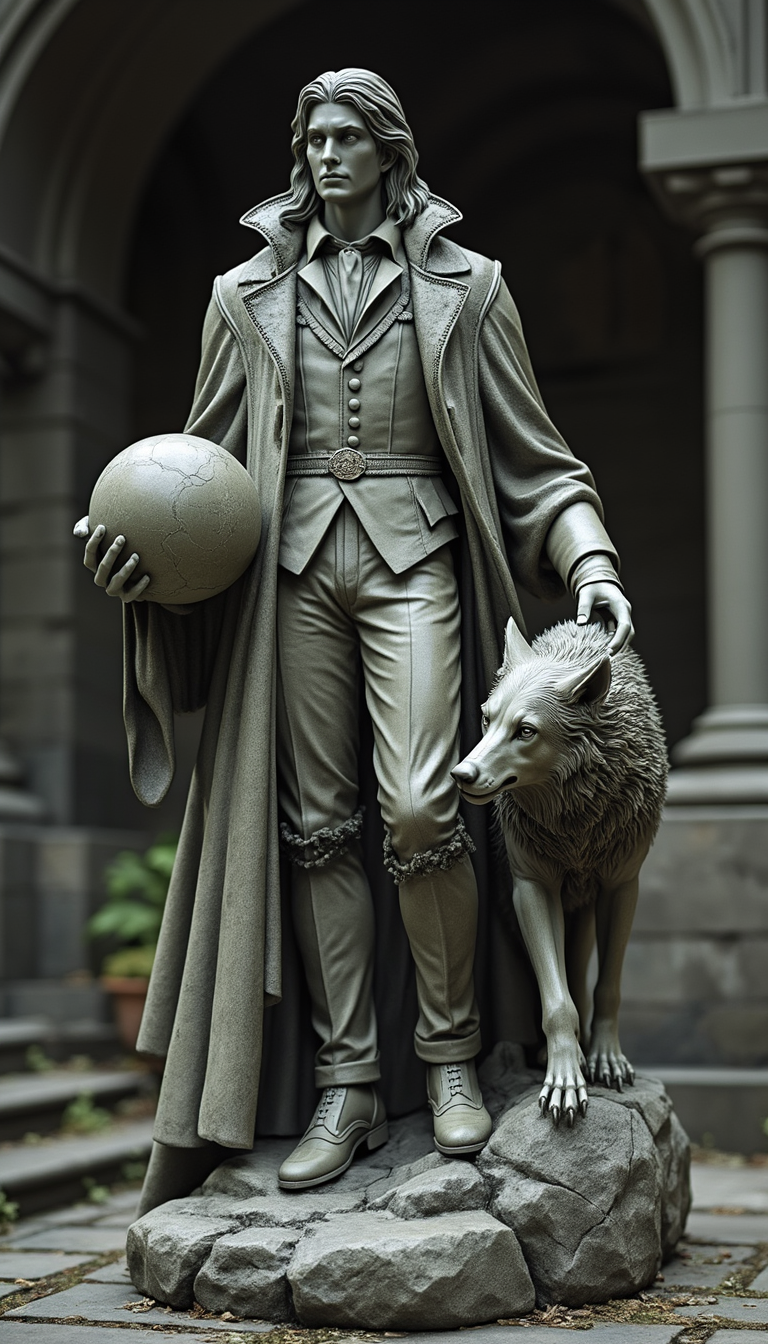 A stone statue of a male vampire lord, count strahd, statue of vampire lord, long, swept back hair, youthful face, long cape, doublet, fur collar, he holds stone sphere in one hand and pats his wolf with another