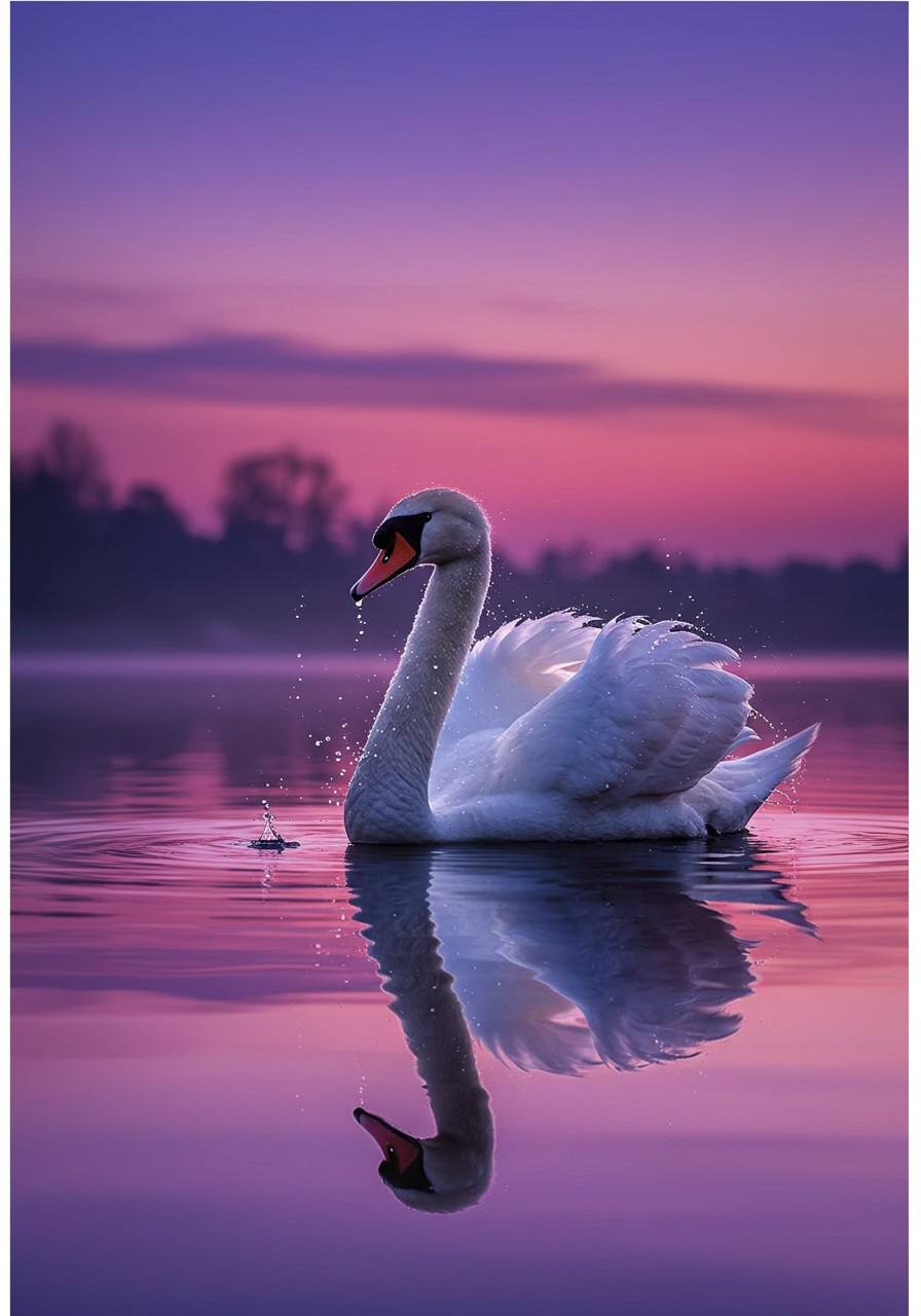Design an elegant swan, with water droplets gently cascading from its wings. The swan glides across a reflective lake under a twilight sky, with soft pink and purple hues blending into the scene, enhancing its ethereal beauty