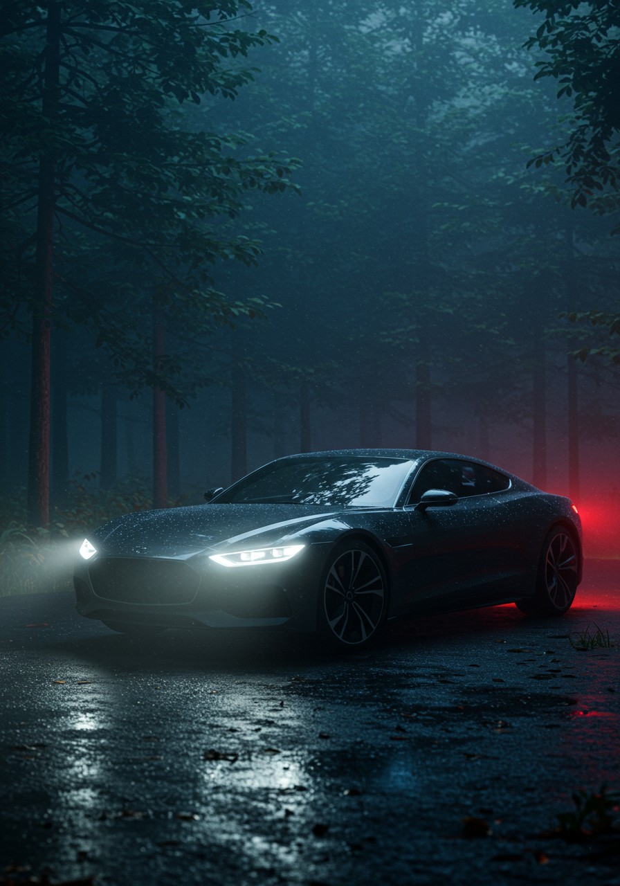 Example: A luxurious and sleek car parked on a rain-slicked road deep within an enchantin