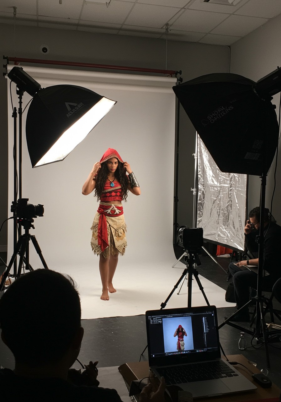 Raw photo, dynamic perspective. A backstage photoshoot scene inside a modern photography studio. The focus is on a beautiful tanned woman dressed as a real-life version of Moana, wearing an Assassin’s Creed-inspired outfit with red and beige details. Her dark hair flows in loose, natural waves beneath her hood. She is adjusting her hood with a fierce, confident expression while standing under professional studio lighting.The background shows the studio setup: a white backdrop partially visible, a tripod-mounted camera facing her, and a large softbox light angled toward her from the left. A reflective silver bounce is propped up on the right. In the foreground, you can see an open laptop with a preview of the shot displayed on the screen. The photographer and assistants are visible in silhouette, working and chatting behind the camera. The overall atmosphere is vibrant and professional, with a mix of creativity and focus