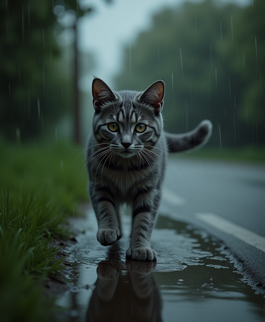 Visual description: Rain begins to fall lightly, with droplets hitting leaves, grass, and the ground. The cat looks confused, its ears flattening back as it starts to move to find shelter. Water begins to soak into the cat’s gray fur, making it appear shiny and slightly matted. The cat leaps over a small puddle, leaving visible wet paw prints behind.

Atmosphere details: The sound of rain intensifies, with the soft splashes of droplets hitting puddles. The background shows a quiet, wet street with a somber mood.
