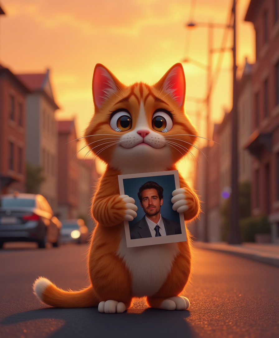 A Pixar-style hybrid cat standing on a quiet street during sunset, holding a photograph of a loved one, with tears in its eyes. The background fades softly, symbolizing the passage of time. 1080x1920, 9:16 ratio