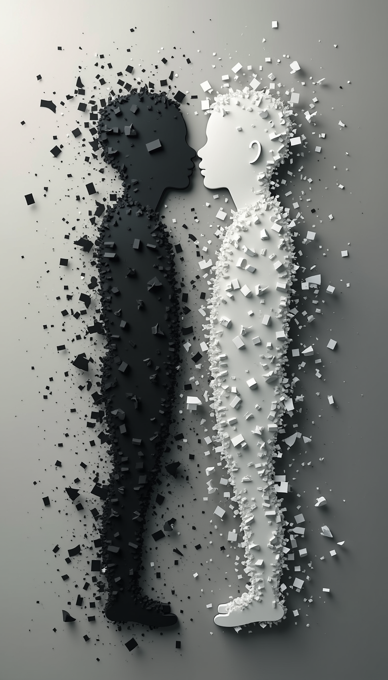 A captivating, 8K high-resolution image with a powerful message of transformation. Against a solid, neutral background, two contrasting silhouettes are depicted: a black figure on the left and a white figure on the right. The black figure is fragmented, breaking apart and gradually merging with the white figure. This dynamic interaction symbolizes the overcoming of darkness, prejudice, or negativity, and the emergence of a unified, harmonious whole. The white figure, now strengthened by the integration of the black, grows larger and more prominent, representing progress, growth, and unity. The overall composition should be visually striking and convey a profound message of hope and transformation.