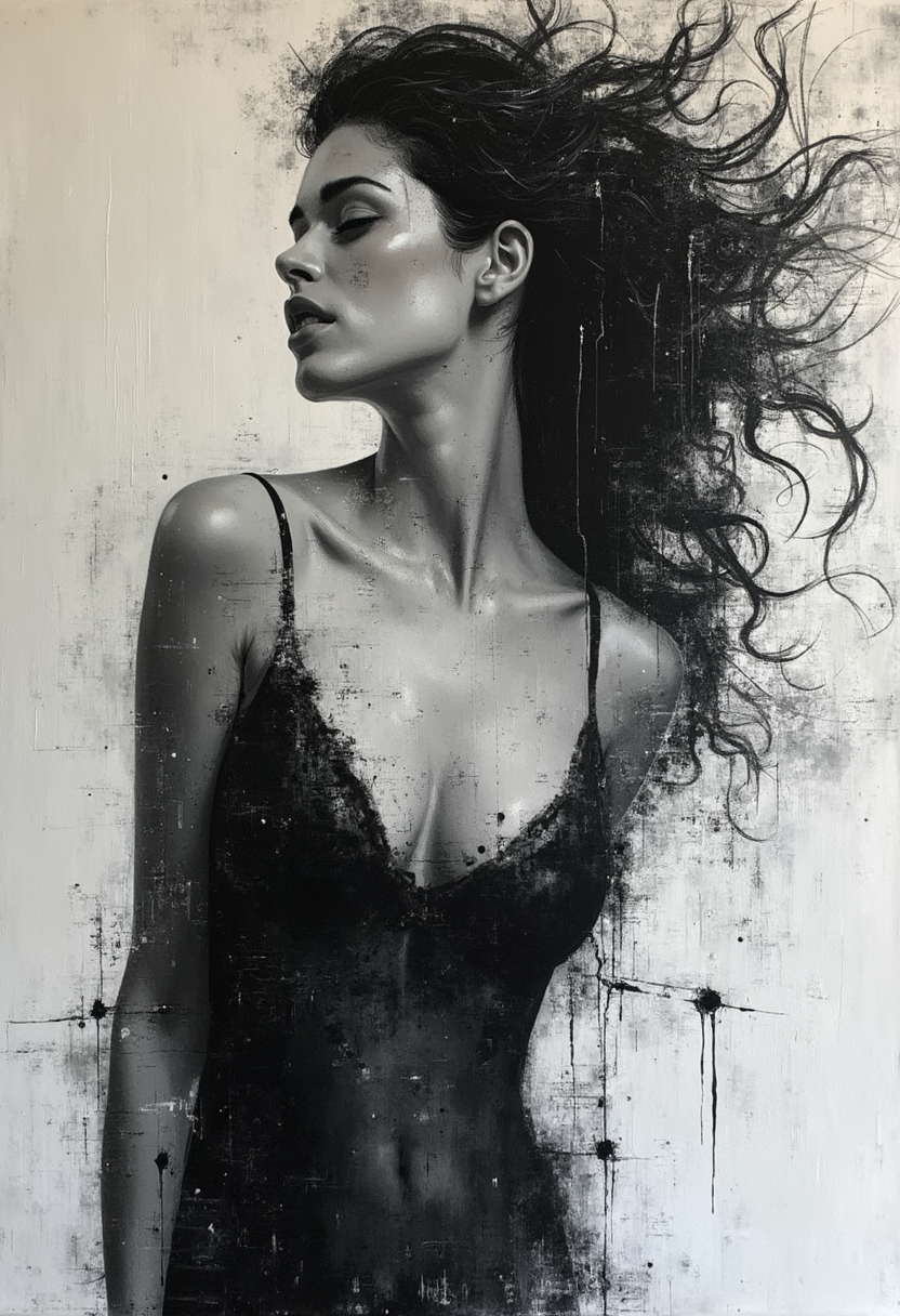 expressive blend of seductive female figurative and abstract elements.
Thick textured brushstrokes and a monochromatic palette to create a dynamic and emotional piece. 
Expressive techniques to convey emotion and movement in their work.
Abstract Expressionism.
Figurative Art.
Graffiti Art.
Surrealism.
Unique and emotive piece.
