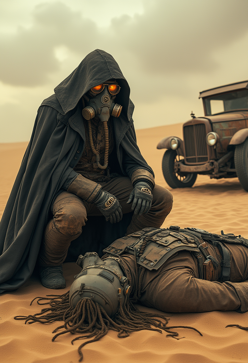 Post-apocalyptic desert scene featuring two characters. A cloaked figure wearing a tattered black coat and a gas mask kneels beside a fallen comrade dressed in weathered tactical gear with goggles. The standing character exudes a commanding presence, with intricate steampunk-inspired details like metallic gears on their mask and clothing. The fallen warrior lies motionless in the sand, with a revolver nearby. A dilapidated, vintage car is visible in the background, set against a desolate, sandy wasteland under a cloudy, golden-hued sky. The atmosphere is grim, evoking themes of survival and loss in a dystopian world, with ultra-detailed textures of fabric, sand, and gear.