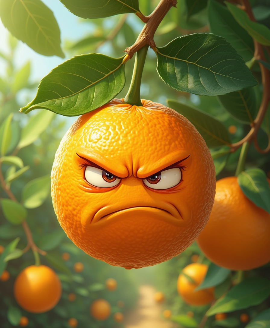 “A cartoonish orange with an angry expression, hanging from its thin stem. The orange is round, with a vibrant orange color and a dimpled, textured surface. Its face has sharp, intense eyes, furrowed brows, and a scowl that radiates frustration. The orange is suspended from a sturdy branch with glossy green leaves surrounding it. The background features a sunny citrus grove with more oranges hanging nearby. The orange looks clearly irritated, as if it’s fed up with its time on the tree.”