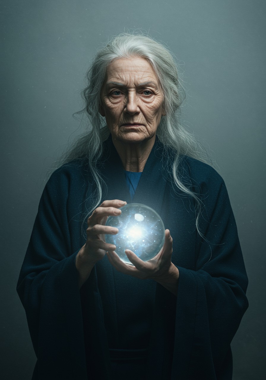 Create a cinematic keyframe of an elderly woman with a wise, aged face, wrinkled skin, and silver hair, dressed in dark blue, mystical robes, grasping a crystal ball with an ethereal glow, set against a subtle, misty background. Inspired by the styles of Maciej Kuciara and Jama Jurabaev, with a touch of Wojtek Fus's atmosphere. Employ cinematic color grading, with a palette that echoes the film stocks of Kodak Porta 400 and Cinestill 800. Capture the scene with a shallow depth of field, emphasizing the subject, and incorporate a subtle vignette, bokeh, and a filmic quality, reminiscent of a shot taken with a Leica M10 camera. The overall mood should be mystical, enchanting, and contemplative, with a focus on the woman's wise, yet mysterious, expression.
