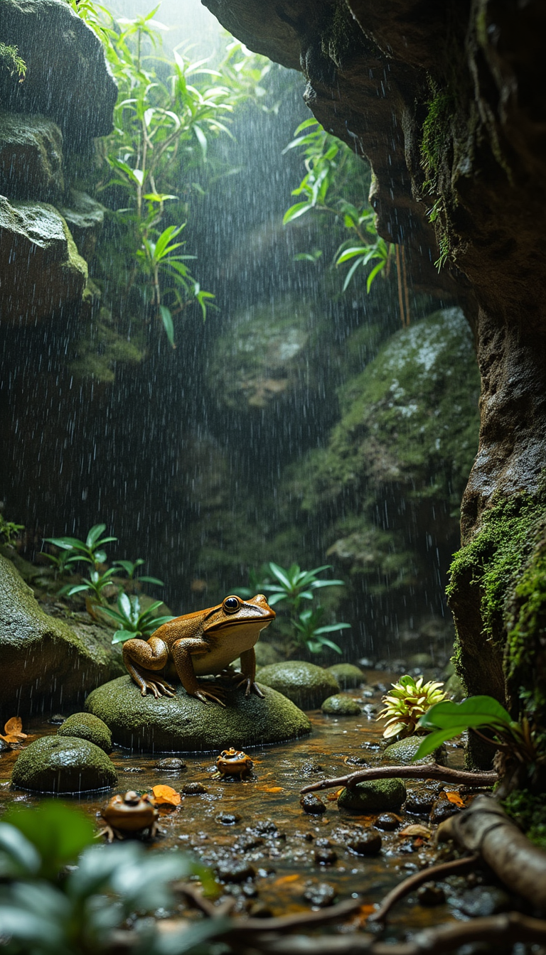 A realistic photo image, an artificial vivarium, large rocks forming a cliff, tropical plants and moss, it is drizzling and wet, the ground is covered with dew, fallen leaves, old tree branches and frogs, and bright lights from above softly illuminate the scene.


