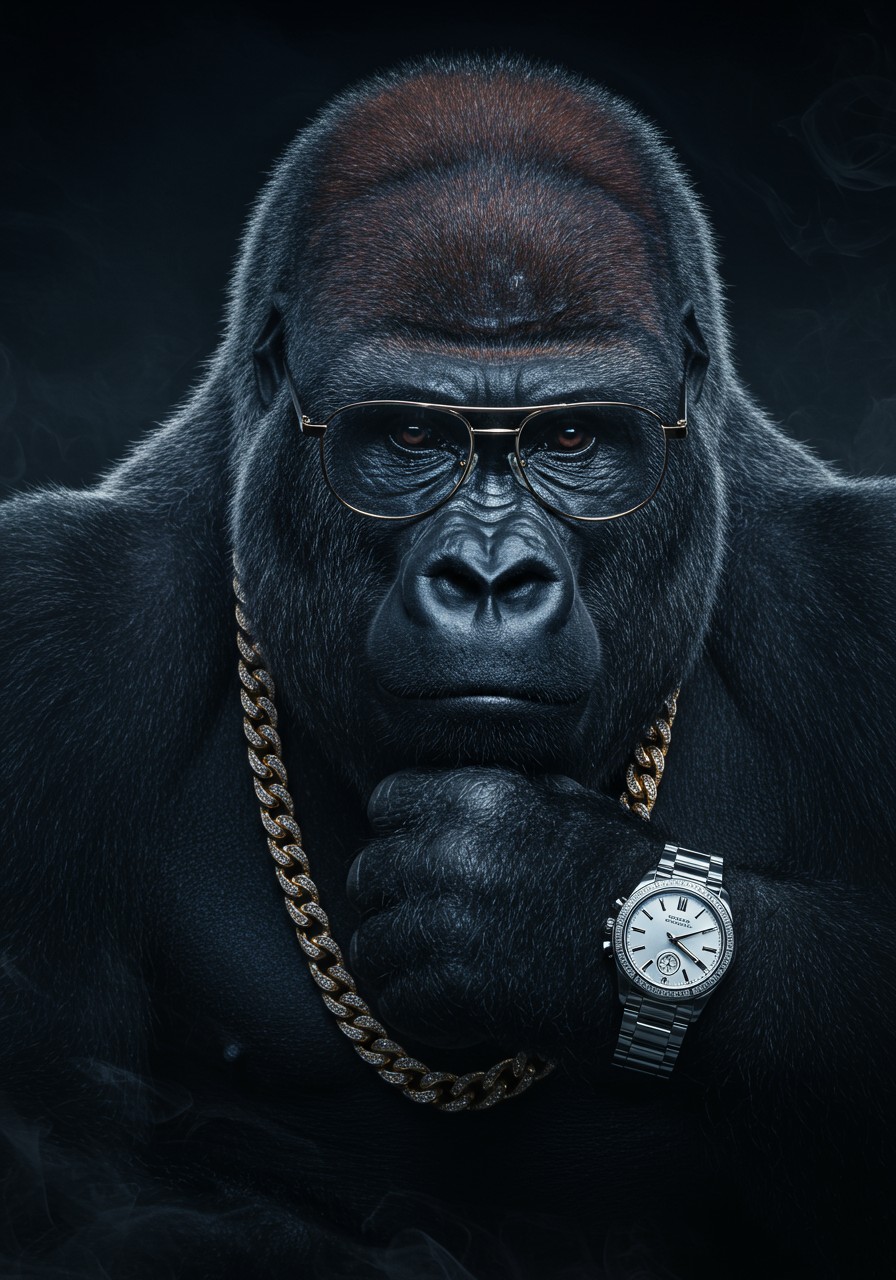 photorealistic, UHD, 4k, ultra detailed, intrinsic detailed, ((smoke atmosphere)) cinematic, a detailed and perfect photo of of gorilla with a gold chain, a silver watch and glasses looking at viewer,
realistic,realism, dark background, epic, beautiful lighting,

