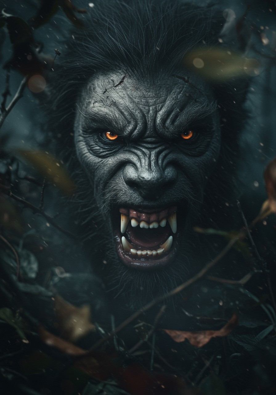 a dramatic, high-contrast cinematic close-up photo of a snarling werewolf's face, illuminated solely by the soft, ethereal glow of the full moon, amidst the dark, misty atmosphere of a foreboding forest, with shallow depth of field and creamy bokeh surrounding the subject, as if captured by a high-end camera lens, with an abundance of leaves, twigs, and other foliage blurring into the background, the werewolf's skin a mottled mix of gray and brown, its eyes glowing with an otherworldly intensity, furrowed brow, and razor-sharp teeth bared in a menacing growl.