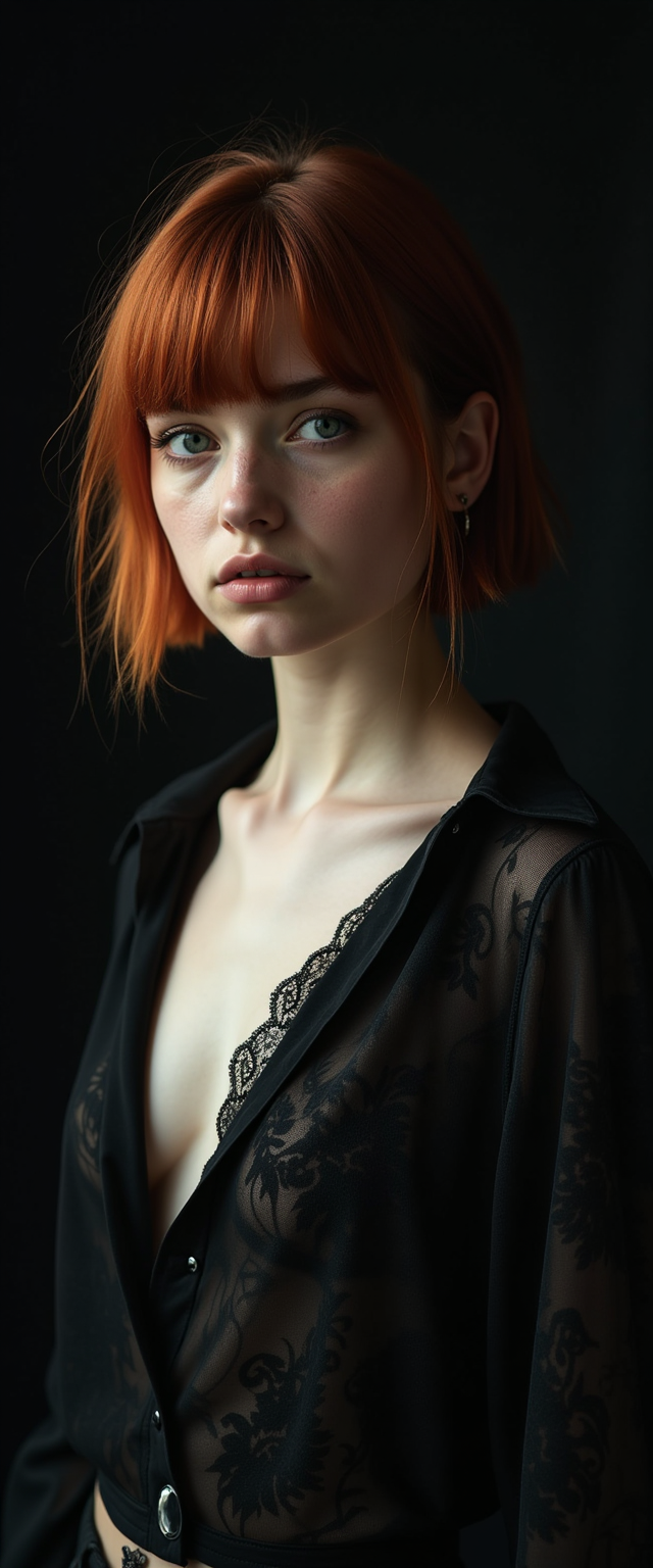 (dark mood Soft Lighting Photography by Alessio Albi and Mario Giacomelli:1.2), TWbabeXL01 beautiful female, side soft light, Dark environment, black over black, highly detailed,  auburn hair, detailed realistic photography, Stunning full body photo, Blunt Cut Haircut, grey piercing eyes,  eye-catchlighs, sad expression, finely detailed skin, (lightest freckles:0.9), little_belly, standing in a casual pose, braless, wearing (wide-open:1.3) black sheer shirt, unbuttoned shirt, perfect areola, open shirt, visible round small tits, perfect small breasts, black high couture floral fabric unbuttoned  shirt, professional color grading, epiCPhoto,   