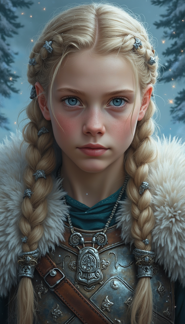 A fiercely proud Nordic girl stands, her presence exuding unwavering strength. Her blonde braids cascade down her back, framing a face marked by determination and resilience. This stunning portrait captures her piercing blue eyes, reflecting the icy landscapes of her homeland. The intricate details of her embroidered Viking armor and fur-lined cloak speak of her warrior spirit. This high-quality painting seamlessly combines power and grace, drawing the viewer into the captivating story of a fierce Nordic warrior princess. playful body manipulations, divine proportion, non-douche smile, gaze into the camera, holographic shimmer, whimsical lighting, enchanted ambiance, soft textures, imaginative artwork, ethereal glow, silent Luminescence, whispering Silent, iridescent Encounter, vibrant background, by Skyrn99, full body, (((rule of thirds))), high quality, high detail, high resolution, (bokeh:2), backlight, long exposure:2