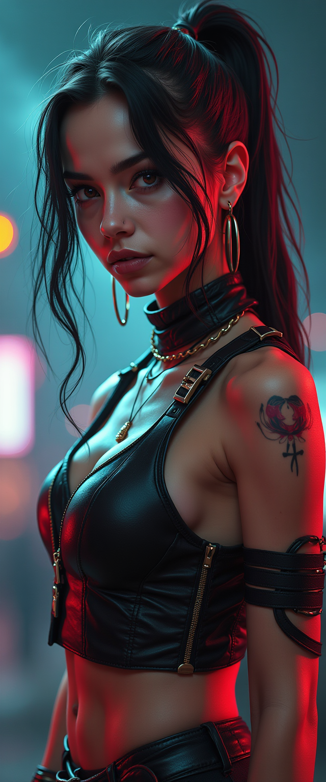 Judy cyberpunk 2077 , full body portrait ,- a stunning young girl android rebel femme fatale pirate, prodigy  arogance, dominant energy,, baring their fangs, energetic, charismatic, inteligent rebel, resistance movement .  , vest , poster t, , 32k UHD high resolution, highres, professional photography, intricate details, masterpiece, perfect anatomy, cinematic angle , cinematic lighting,  , UHD Official work