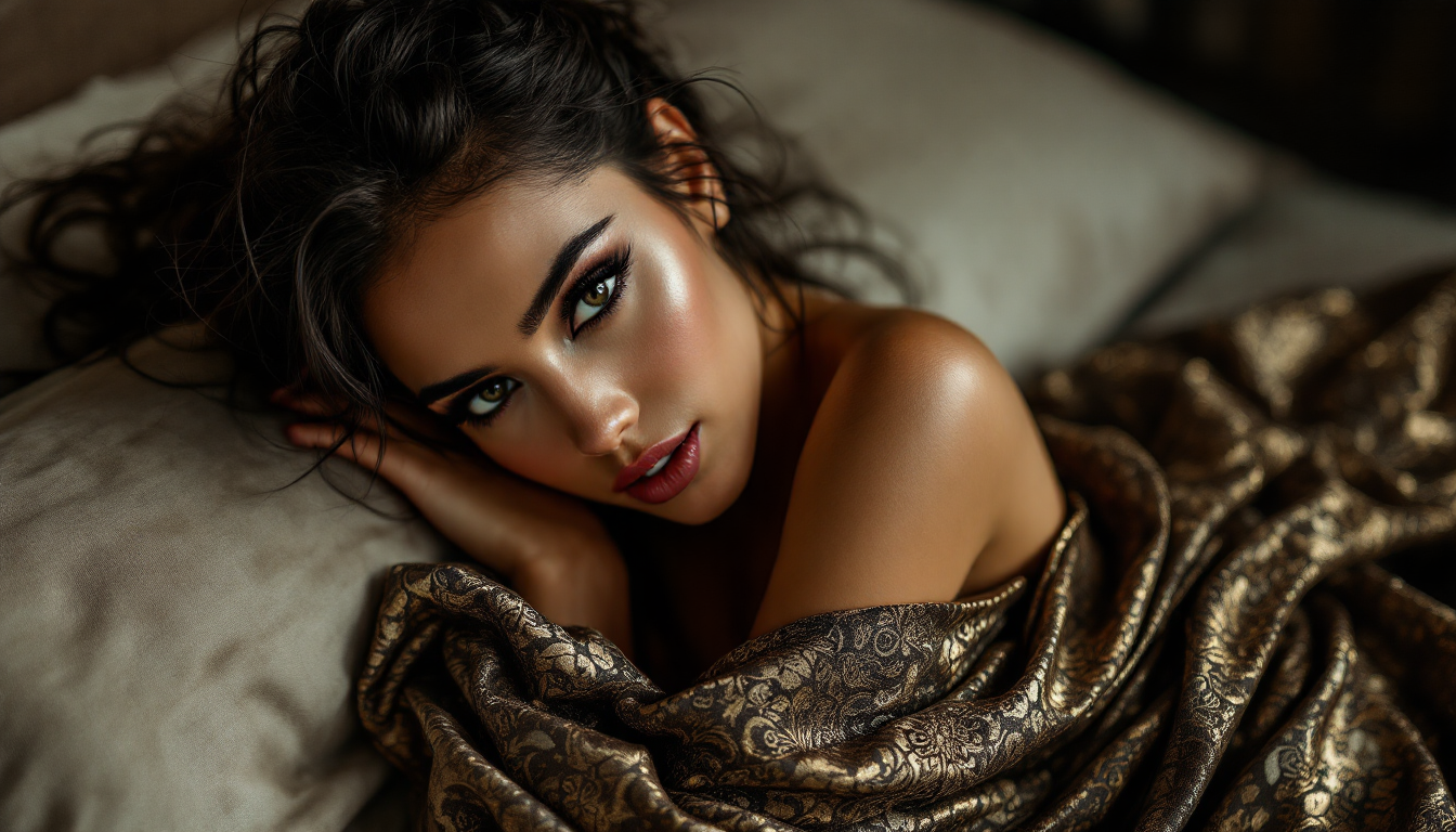 **High-Resolution Boudoir Photography** featuring a **sexy, exotic woman** with **dark hair intricately tied up**, her expression one of **seductive allure**. She is **wrapped in a strapless fabric** adorned with a **rich, intricate pattern** that highlights her curves. The **lighting is soft and diffused**, creating **moody shadows** that accentuate the texture of the fabric and the smoothness of her skin. The **camera angle captures her from a slightly low perspective**, giving her a **commanding presence**. The **composition** centers her against a **neutral, elegant backdrop**, with the fabric cascading around her in **sinuous folds**. The **atmosphere** is **intimate and luxurious**, reminiscent of **classic boudoir photography** with a **modern, sensual twist**.