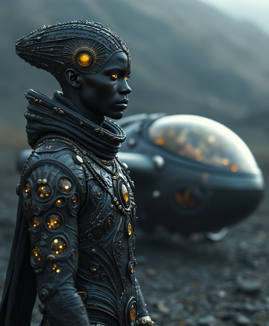 Example: An intricately mysterious dark skinned humanoid with unparalleled exquisite atti