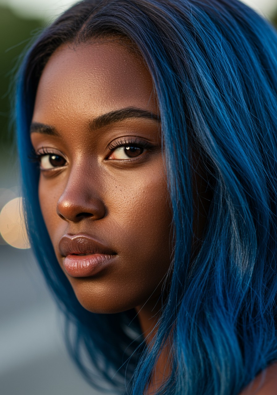 A stunning ultra-realistic portrait of a **young Black woman** with **vibrant blue hair** and **deep brown eyes**. Her **skin texture** is captured with meticulous detail, showcasing the natural glow and subtle imperfections that add to her **realism**. Her hair flows with a **soft, silky texture**, catching the light in a way that highlights its **blue hues**, creating a striking contrast with her **rich brown eyes**.

**Style:** The image is rendered in **hyperrealistic detail**, utilizing techniques like **fine art portraiture** with an emphasis on **photographic realism**. The **bokeh** effect is subtly employed in the background to focus attention on the subject, ensuring her features are the focal point.

**Composition:** She is framed in a **medium close-up**, with her face slightly turned to the side, allowing the viewer to appreciate the **delicate contours** of her face and the **luminous quality** of her eyes. The camera angle is at eye level, promoting an **intimate connection** with the viewer.

**Mood and Atmosphere:** The ambiance is serene and **intimate**, with **soft, natural lighting** that bathes her face in a warm, golden glow, suggesting early evening light. The background is a **blurred, neutral tone** to keep the focus entirely on her, conveying a sense of **quiet elegance** and **personal space**.

**Technical Aspects:** The image employs **depth of field** to create a **layered visual experience**, with the sharpness of focus on her face contrasting with the gentle blur of the background. **Color grading** enhances the blue of her hair and the warmth of her skin, ensuring a harmonious color palette that feels both natural and artistically deliberate.