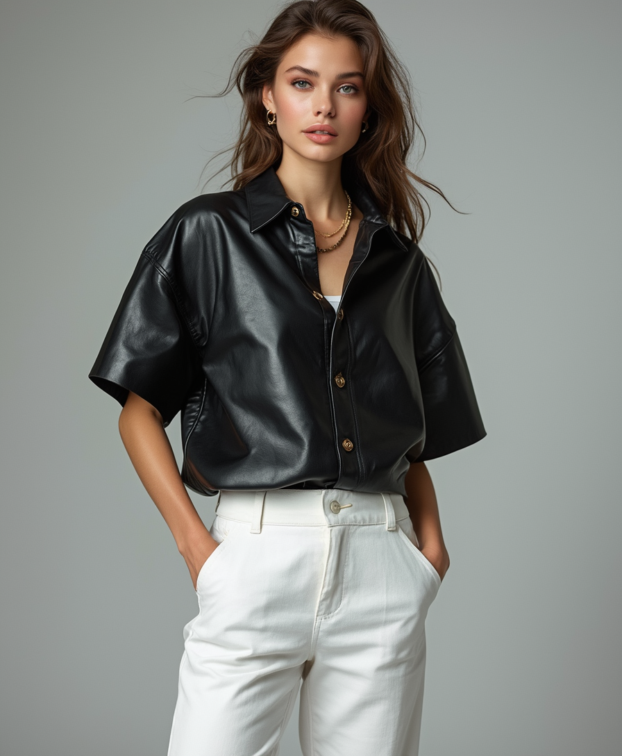A **beautiful woman** of European and American descent, **well-proportioned**, dressed in an **oversized black leather half-button short-sleeved crew neck shirt** paired with **crisp white pants**. The scene is set against a **light gray background** in a **full-body studio shot**. 

- **Visual Details**: The leather shirt displays a **matte texture** with visible stitching and button details, contrasted by the **smooth, clean lines** of the white pants. The fabric details are **sharply focused**, highlighting the quality and texture of the materials. 
- **Lighting**: Illuminated by **soft studio lighting** that creates gentle shadows, enhancing the depth and volume of her form, with a **high key lighting setup** to keep the background uniform and the focus on her.
- **Composition**: She stands with **hands in pockets**, adopting a **relaxed yet confident pose**. The camera angle is **slightly above eye level** to emphasize her stature and the full length of her outfit. The frame is **tight around her**, capturing her from head to toe, ensuring no distractions from the background.
- **Mood and Atmosphere**: The mood is **modern, chic**, with a touch of **urban sophistication**. The lighting contributes to a **calm and professional ambiance**, suitable for a fashion or lifestyle magazine shoot.
- **Technical Aspects**: The image is **high resolution**, with **depth of field** set to keep the subject in sharp focus while subtly blurring the edges for a **vignette effect**. The **color balance** is slightly cool to complement the black leather and white pants, with **color correction** to ensure the whites are true and the blacks are rich without losing detail.
- **Style**: The photograph emulates **editorial fashion photography** with a **minimalist approach** to highlight the subject's attire and poise.
- **Jewelry**: She wears **subtle, high-end jewelry** that matches the outfit, like a **delicate gold necklace** and **simple, elegant earrings**, enhancing the overall look without overpowering it.

The entire composition creates a **cohesive, visually appealing image** that showcases the subject's style, the quality of the clothing, and the professionalism of the shoot.