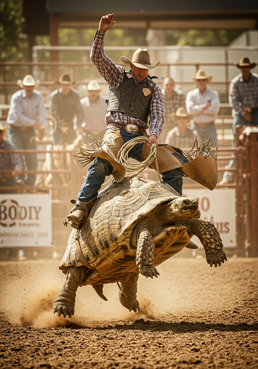 **Create an image of a cowboy riding a bucking tortoise in a rodeo:**

- **Visual Details:** The cowboy is wearing traditional attire, with a weathered leather hat, denim chaps, and a plaid shirt, all in earthy tones. The tortoise has a rough, textured shell, with vibrant, swirling patterns in shades of green and brown. The spurs on the cowboy's boots are catching the light, creating small glints.

- **Style:** Capture this scene in the style of a vintage Wild West photograph, with a sepia tone overlay, grainy texture, and a slightly overexposed background to emphasize the main subjects.

- **Composition:** The cowboy is dynamically positioned on the tortoise, with one hand gripping the reins and the other raised in the air for balance. The tortoise is in mid-buck, with legs extended in different directions. The camera angle is from the side, capturing the full length of the tortoise and the cowboy's tense posture.

- **Mood and Atmosphere:** The atmosphere is charged with excitement and tension, typical of a rodeo event. Dust is kicking up around the tortoise's feet, suggesting movement and energy. The lighting is harsh, with the sun casting long shadows, indicative of late afternoon at an outdoor rodeo.

- **Technical Aspects:** Utilize a shallow depth of field to keep the cowboy and tortoise in sharp focus, with the audience and background slightly blurred. Use a fast shutter speed to freeze the motion of the bucking tortoise, ensuring crisp details in the action.

- **Cohesion:** Ensure that the surreal nature of a cowboy riding a tortoise is balanced by realistic elements in the setting, costume, and the physical dynamics of the action, creating a believable yet fantastical scene.